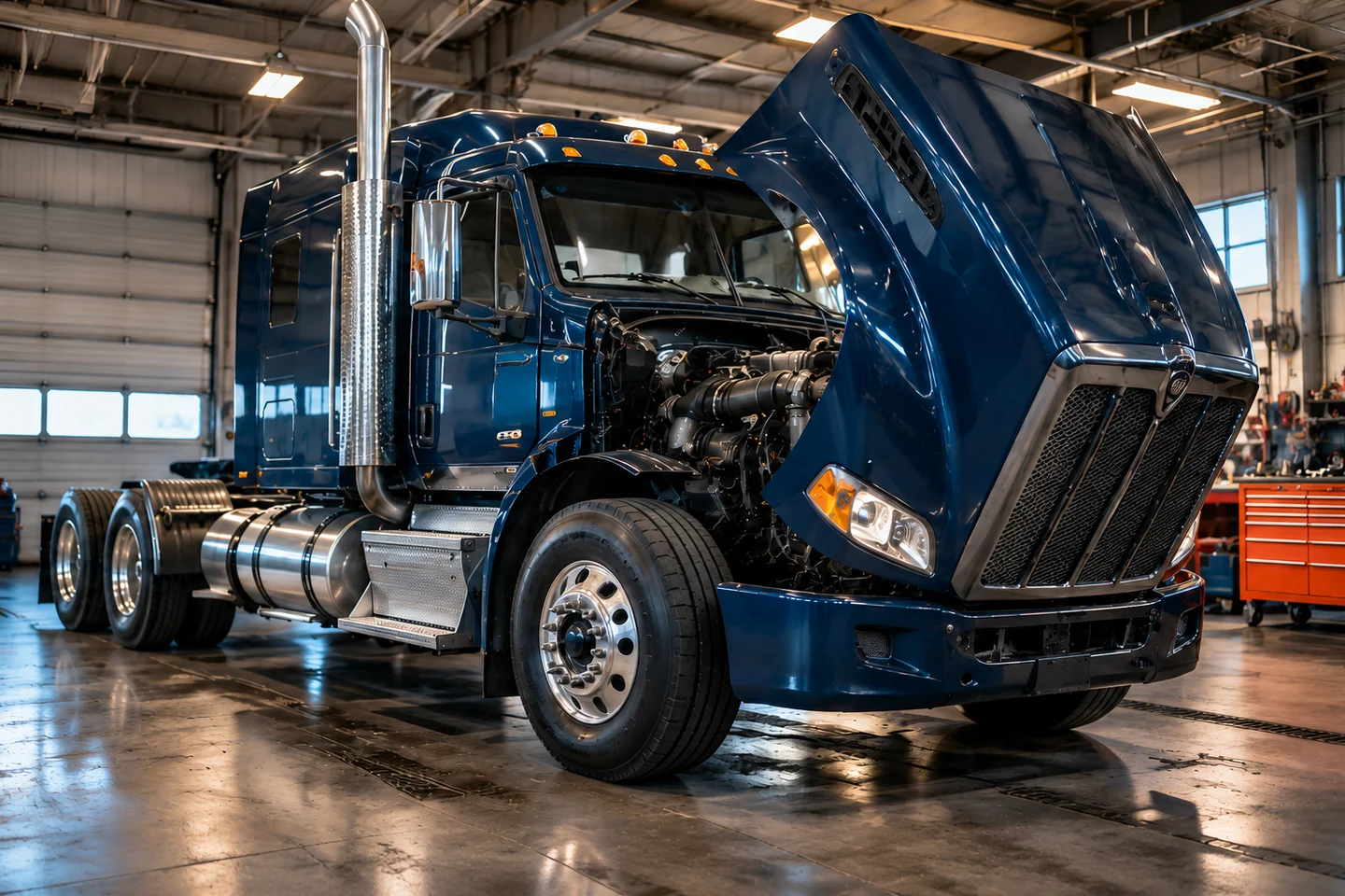 Original generic heavy duty truck with its hood open in a workshop